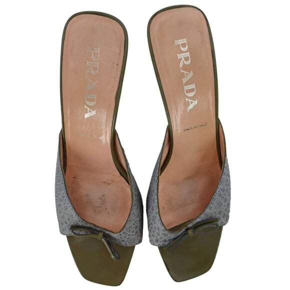 Vintage Prada Italy Designer Heels Grey Green Leather Womens 9 Mules Dress Shoes - Picture 11 of 14